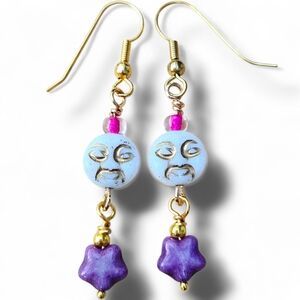Moon Face Star Earrings Czech Glass Dangle Purple Handmade Celestial New